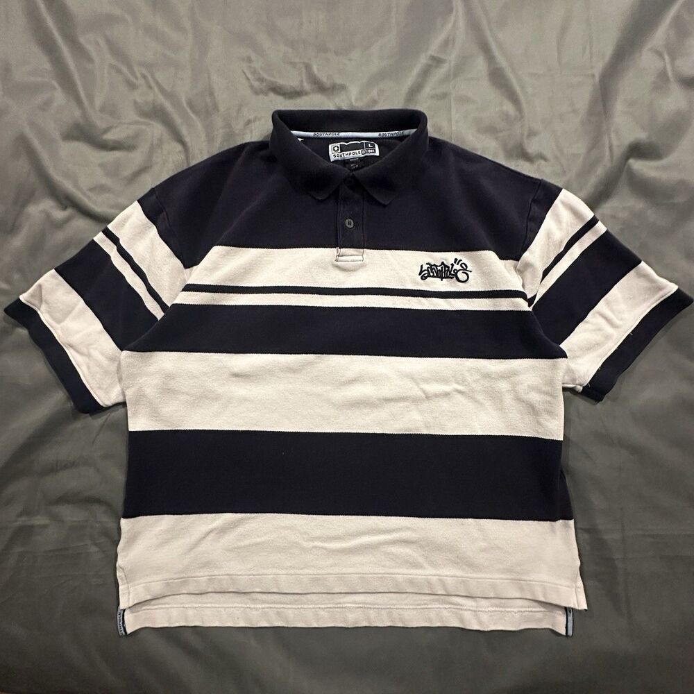 Vintage South Pole Shirt Mens L Striped Rugby Graffiti Logo Polo HipHop Y2K Navy
